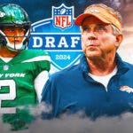 Jets QB Zach Wilson, Broncos head coach Sean Payton and 2024 NFL Draft logo