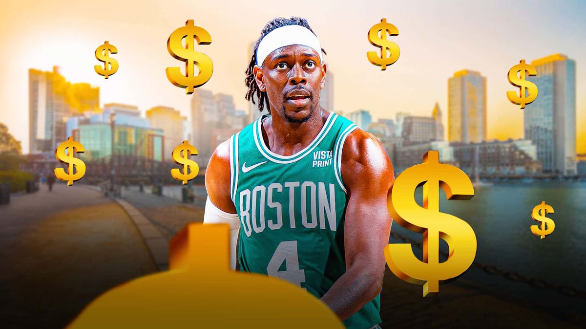 Celtics' Jrue Holiday with dollar signs behind him