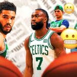 A newspaper as the background, Jayson Tatum and Jaylen Brown on one side, a bunch of Boston Celtics fans on the other side with the teeth clenched emoji around them