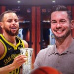 JJ Redick (current) looking at a smiling Warriors' Stephen Curry, with the Clutch Player of the Year award beside Curry