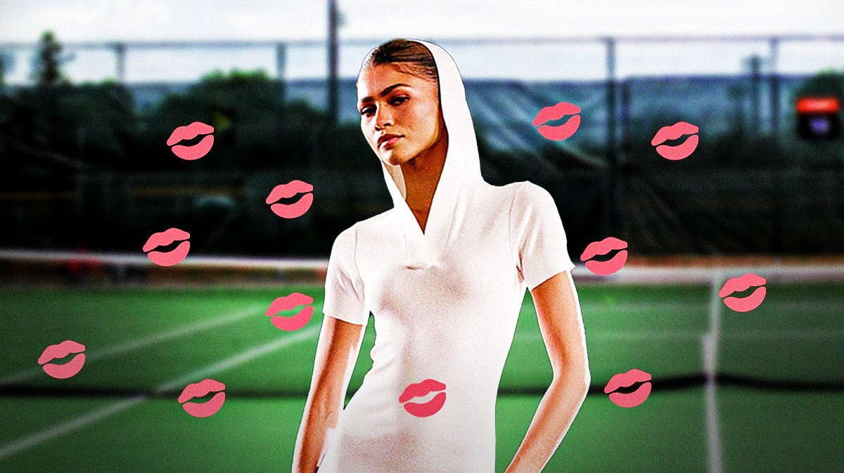 Zendaya with lips emojis on a tennis background