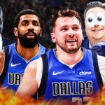 Mavericks' Luka Doncic, Mavericks' Kyrie Irving both in front. Shaquille O'Neal, Charles Barkley, and Brian Windhorst in background with eyes popping out looking at Luka and Kyrie.