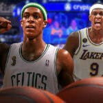 Rajon Rondo celebrating the Celtics championship in 2008 and with the Lakers in 2020