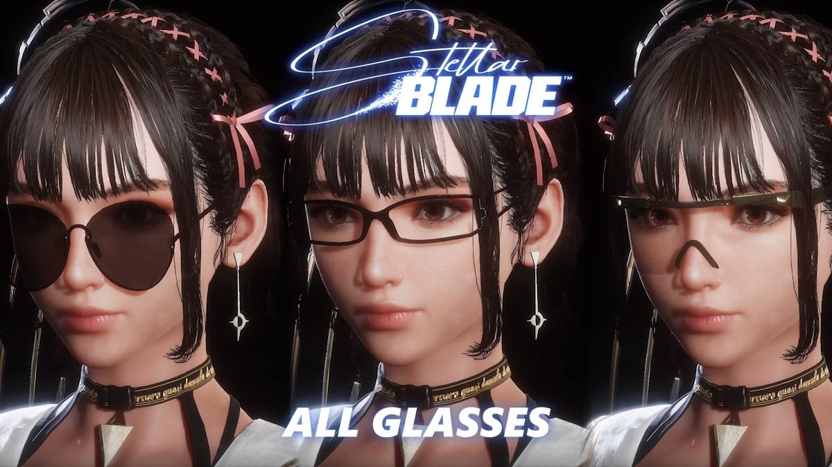stellar blade glasses, stellar blade glasses unlock, stellar blade, stellar blade guide, a compilation of eve glasses from stellar blade with the game logo in the center and the words all glasses under it