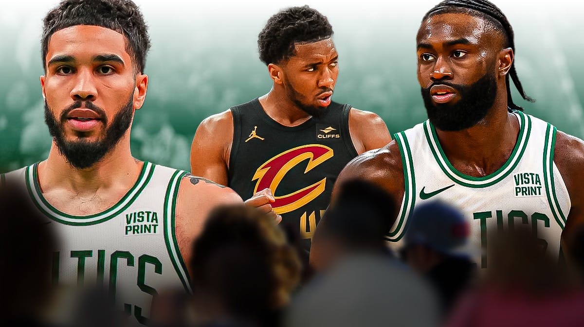 Jayson Tatum and Jaylen Brown looking sad next to a hyped Donovan Mitchell (Cavs jersey) on a Boston background