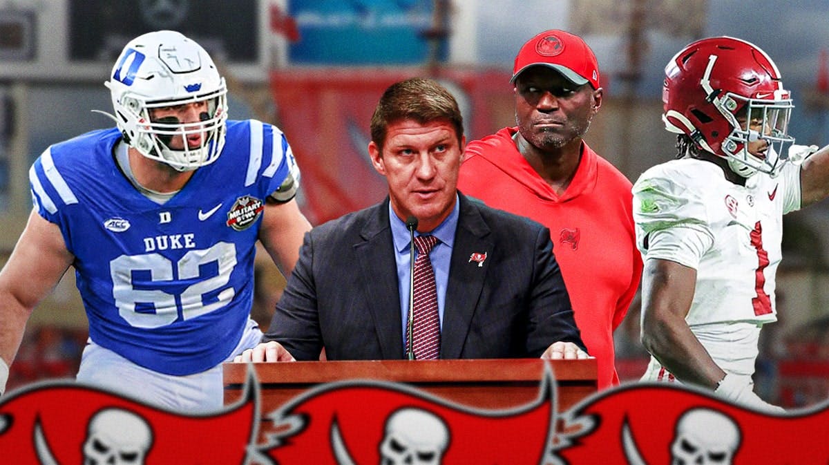 Jason Licht in the middle, Graham Barton, Chris Braswell, Coach Todd Bowles around him, Tampa Bay Buccaneers wallpaper in the background