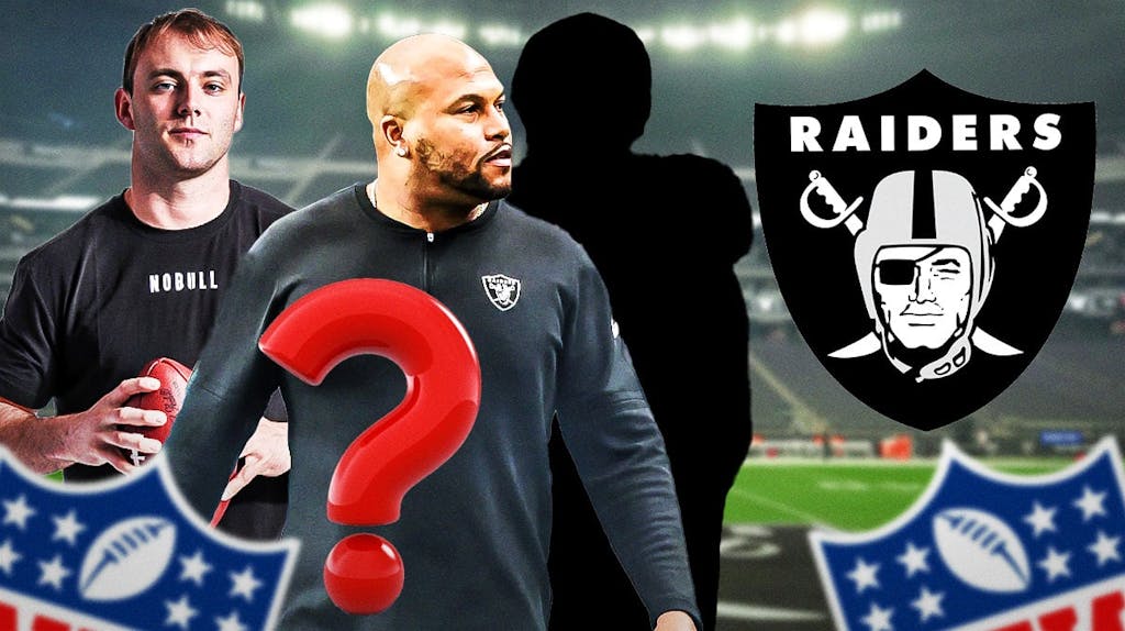 Las Vegas Raiders head coach Antonio Pierce next to tight end Brock Bowers and a silhouette of an American Football player with a big question mark in the middle of it. They are all next to a logo for the Las Vegas Raiders.