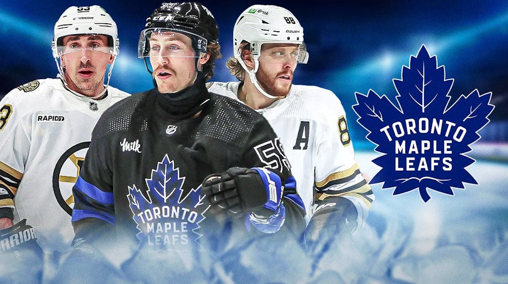 Tyler Bertuzzi in middle looking happy, Brad Marchand and David Pastrnak on either side looking stern, TOR Maple Leafs logo, hockey rink in background