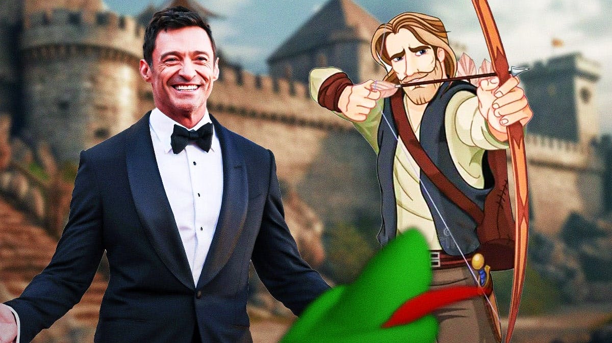 Hugh Jackman next to Robin Hood with a castle in the background