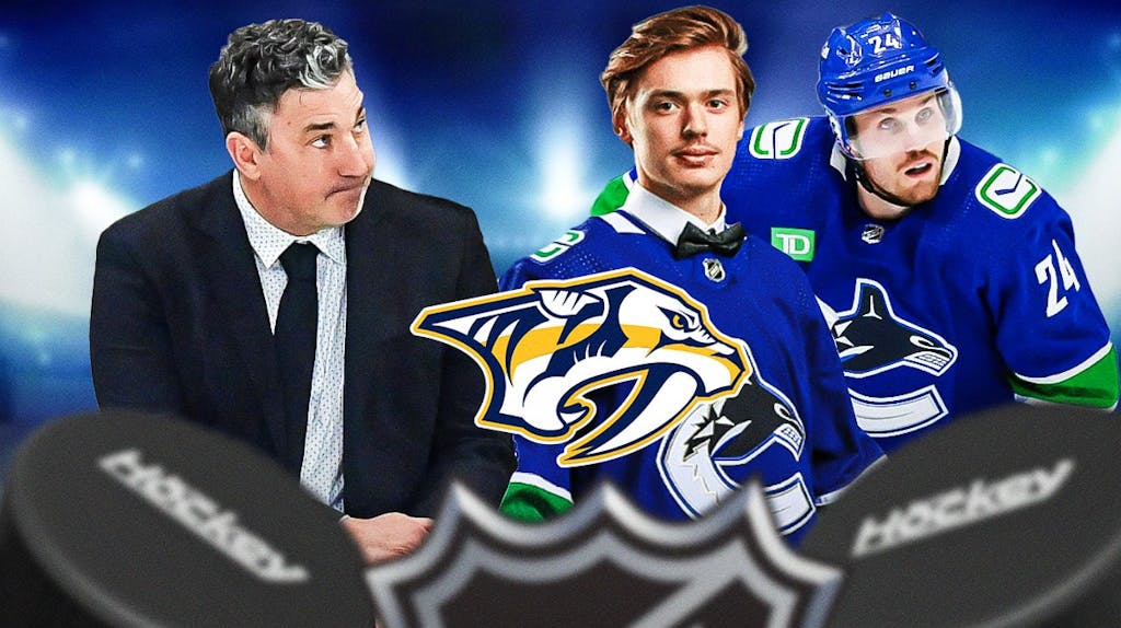 Andrew Brunette in middle of image looking stern, Arturs Silovs and Pius Suter on either side looking happy, Nashville Predators logo, hockey rink in background
