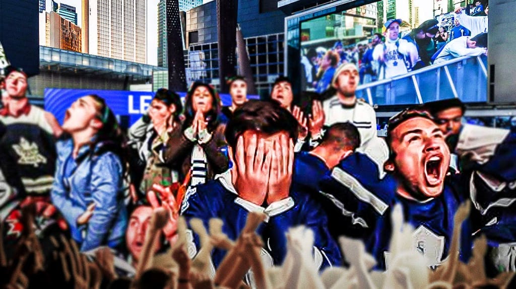 Toronto Maple Leafs fans angrily shouting.