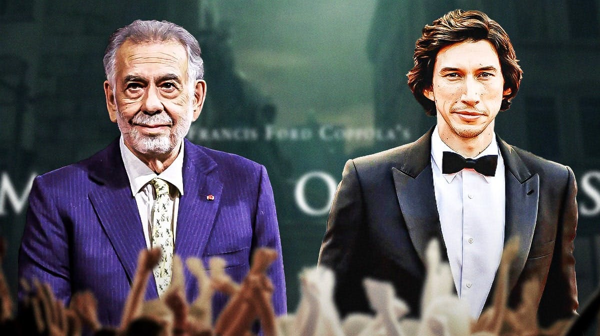 Adam Driver and Francis Ford Coppola with Megalopolis logo in the background