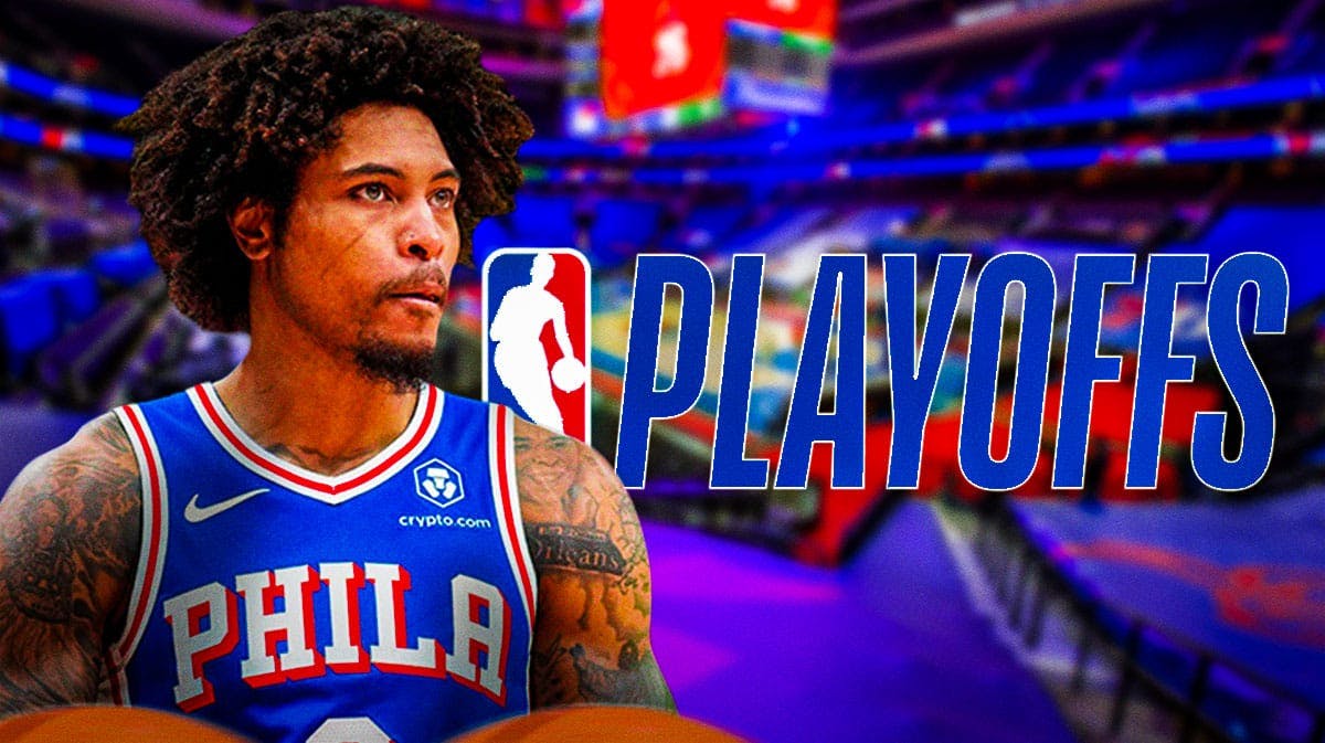 76ers' Kelly Oubre Jr in front of the NBA playoffs logo