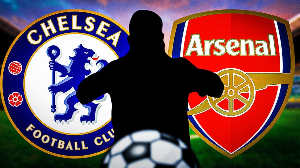 The silhouette of Viktor Gyokeres in front of the Chelsea and Arsenal logos
