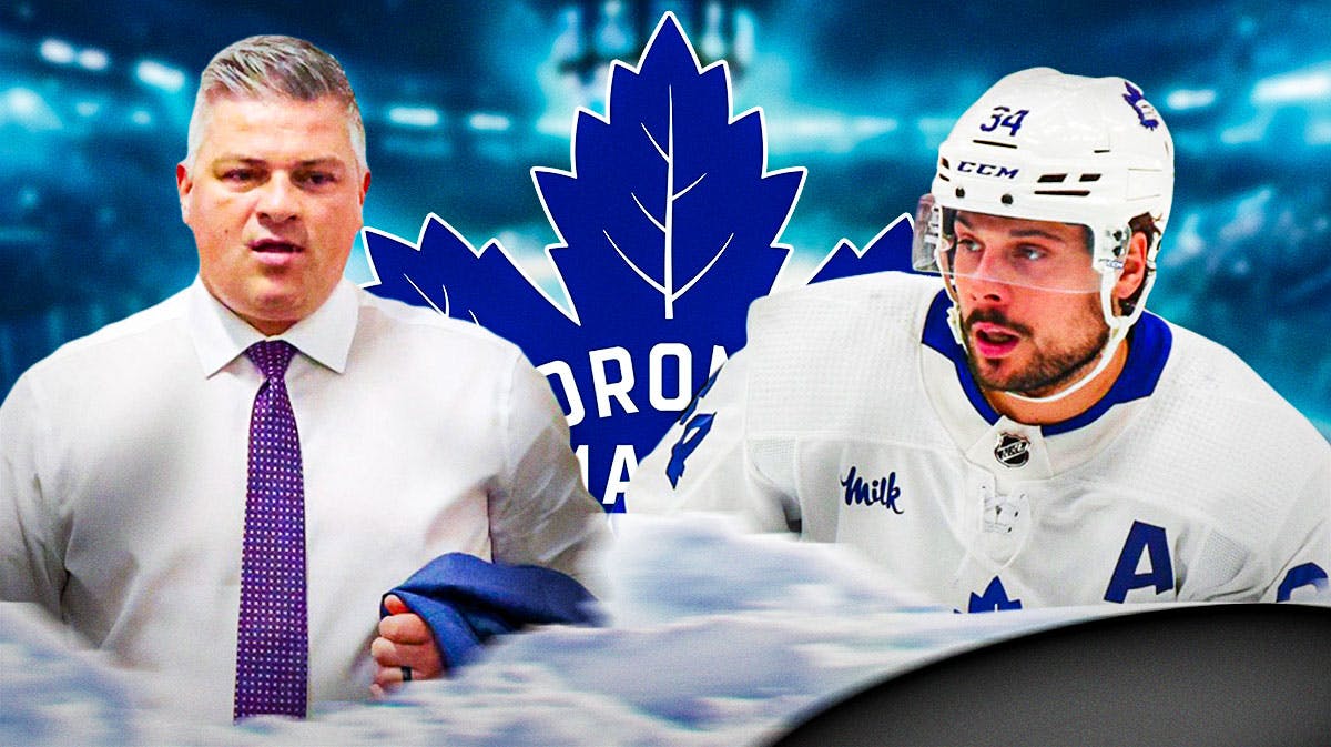 Toronto Maple Leafs center Auston Matthews and head coach Sheldon Keefe looking sad. They are next to a logo for the Toronto Maple Leafs.