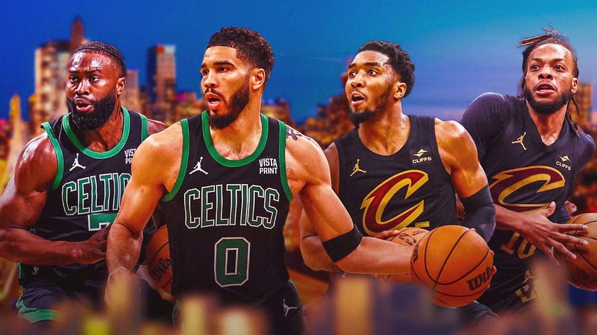 Jayson Tatum and Jaylen Brown looking hyped next to Donovan Mitchell and Darius Garland looking hyped. Boston city background