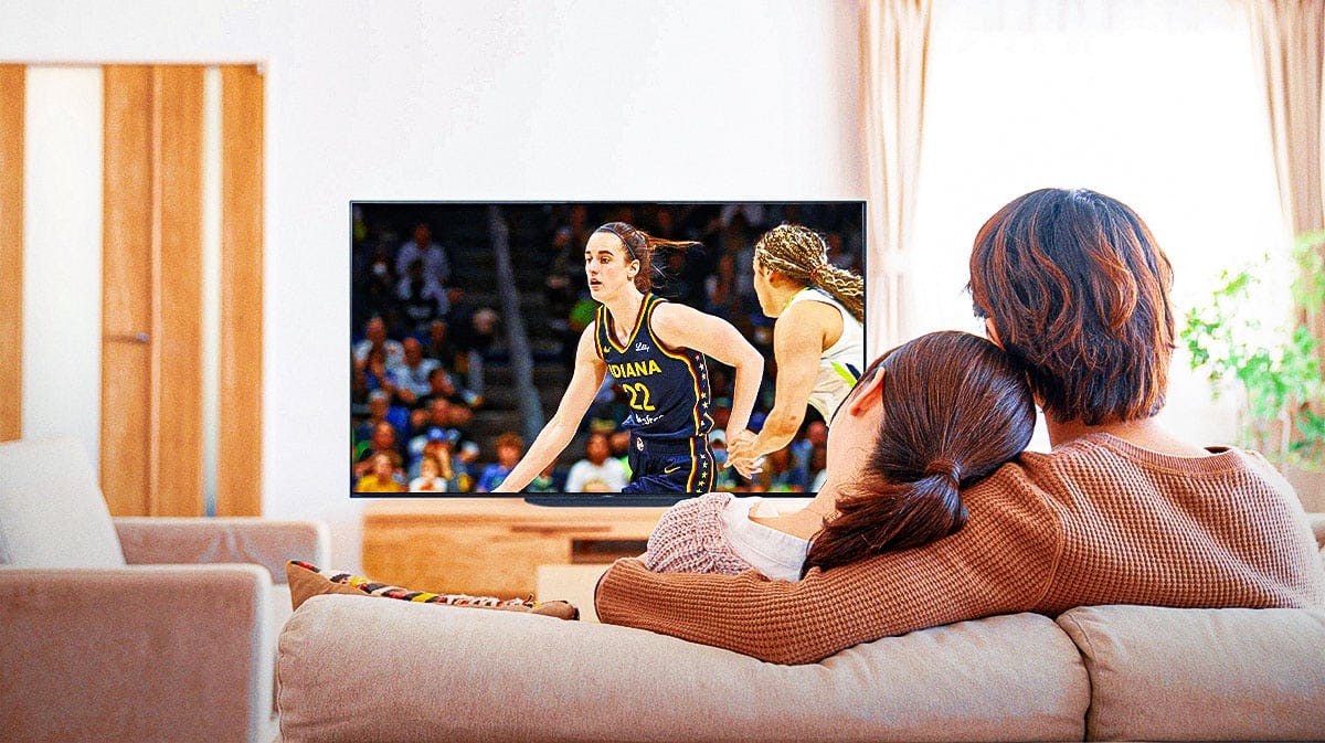 Indiana Fever player Caitlin Clark inside of a television, as if the thumb is from the point of view of someone watching an Indiana Fever game on television