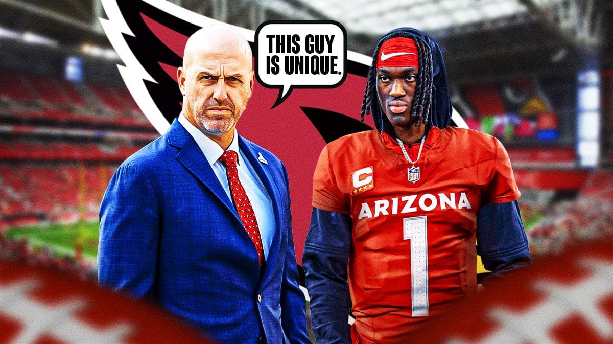 Arizona Cardinals’ general manager Monti Ossenfort next to wide receiver Marvin Harrison Jr. Ossenfort has a speech bubble that says “This guy is unique.” They are next to a logo for the Arizona Cardinals.