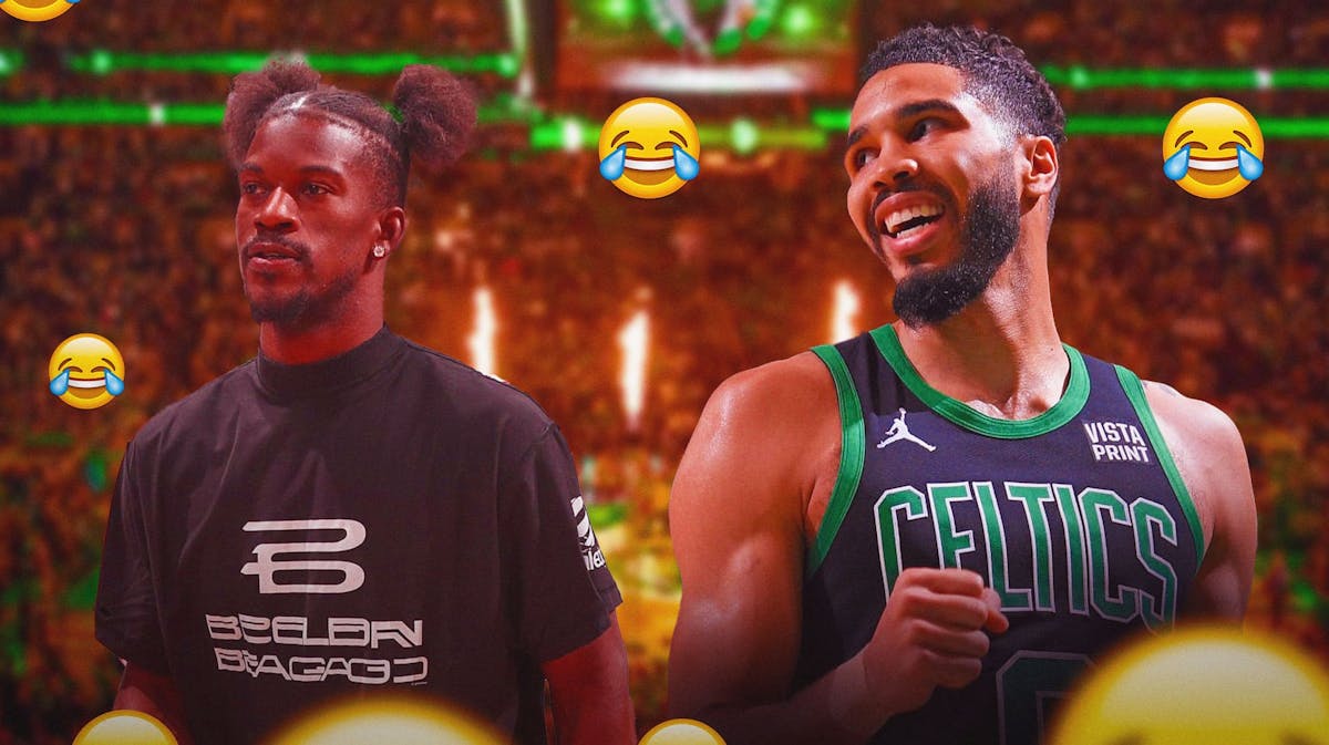 Heat's Jimmy Butler in casual clothes looking sad, with Celtics' Jayson Tatum laughing at him, with laughing emojis all over