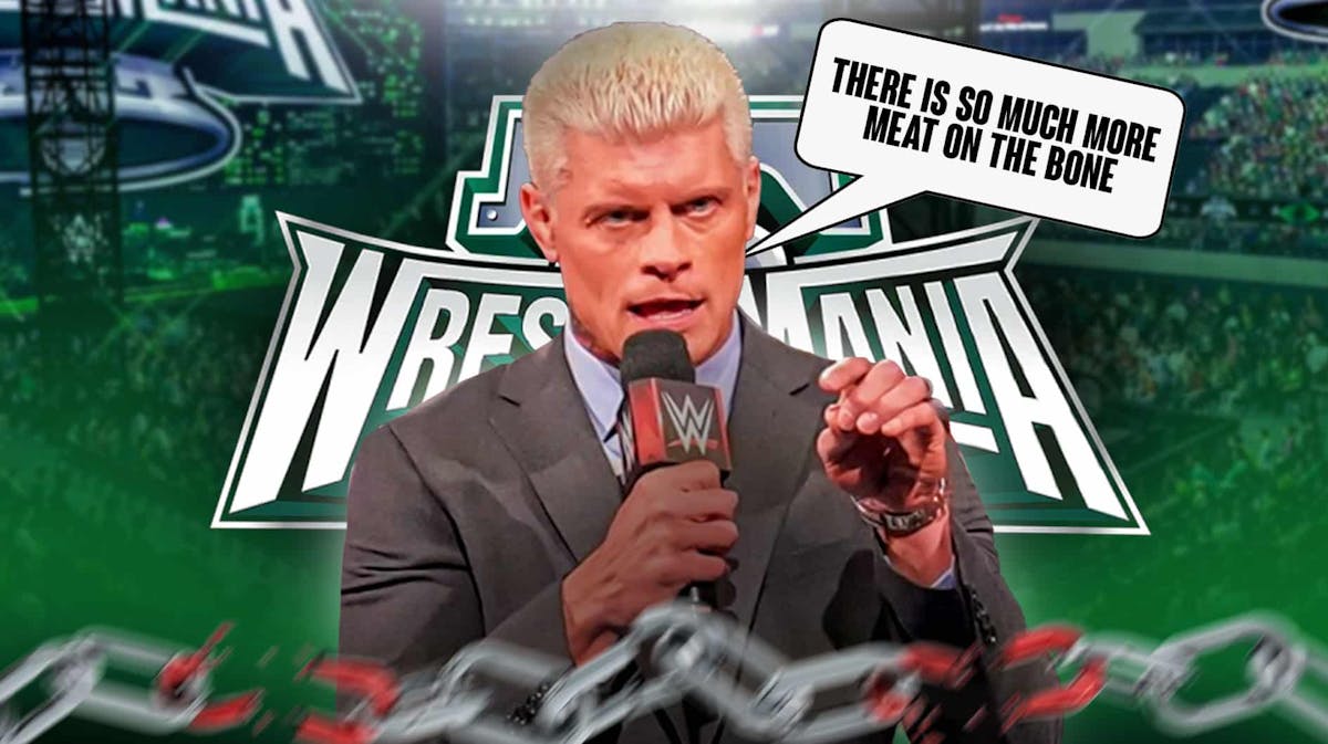 Cody Rhodes holding a microphone with a text bubble reading "There is so much more meat on the bone" with the WrestleMania 40 logo as the background.