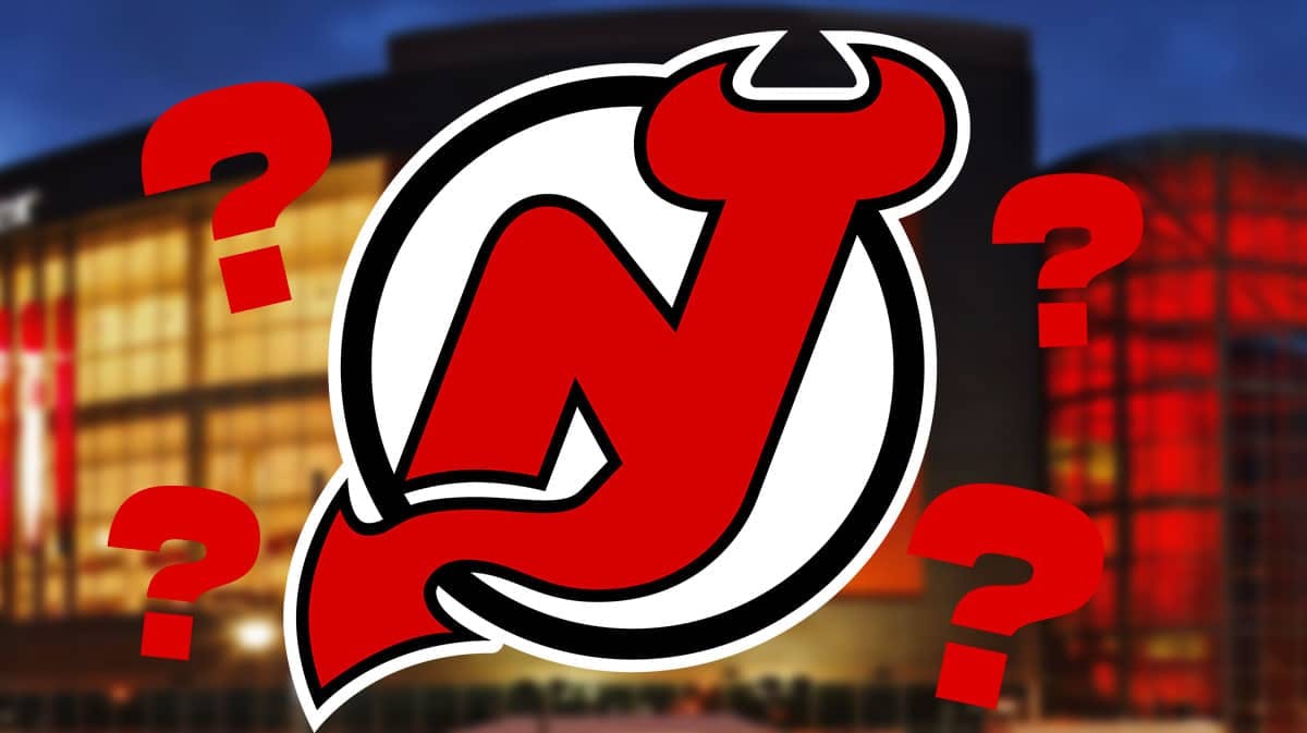 New Jersey Devils logo, 3-5 question marks, NJ Devils arena in background