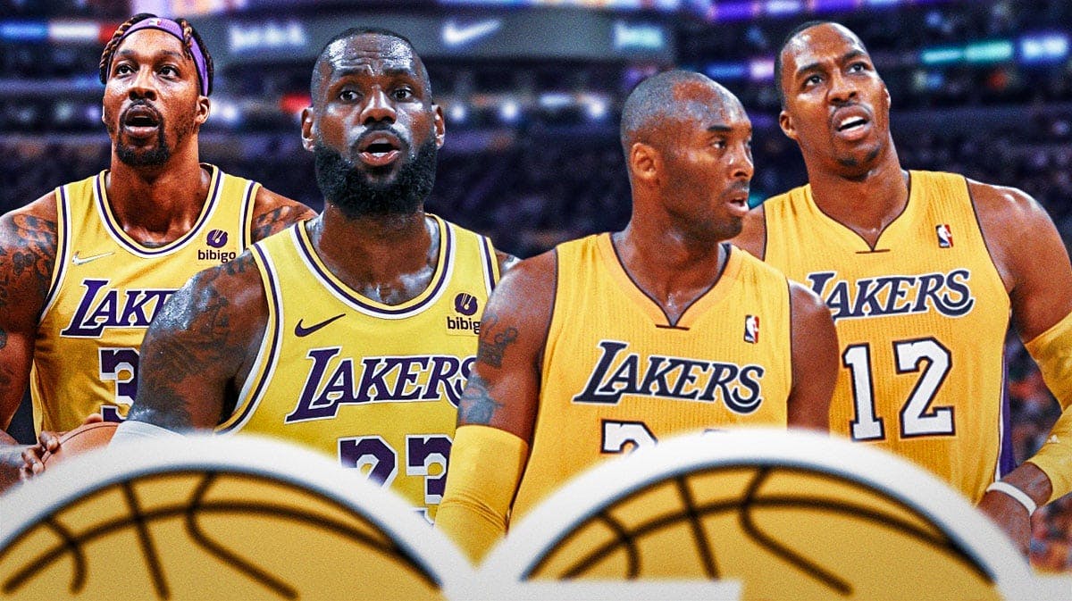A trio of Los Angeles Lakers: Dwight Howard, LeBron James and Kobe Bryant