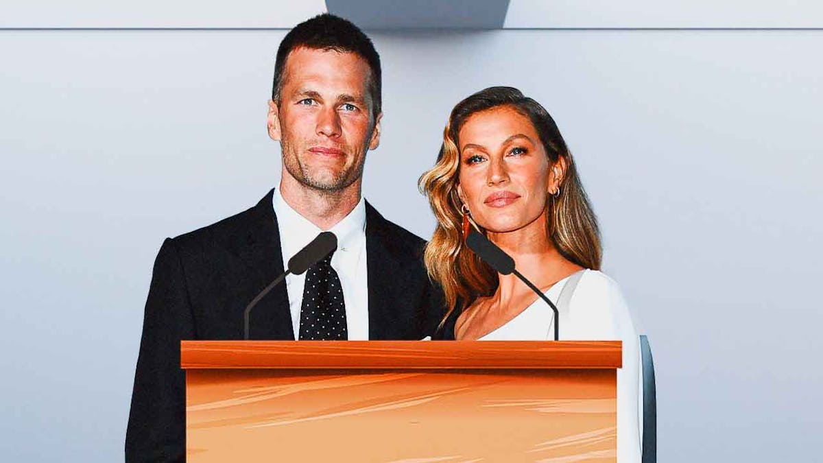 Gisele Bündchen and Tom Brady behind a podium