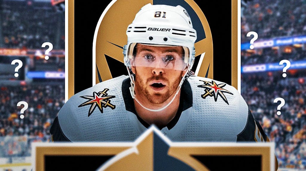 Jonathan Marchessault in middle of image looking stern, Vegas Golden Knights logo, 3-5 question marks, hockey rink in background