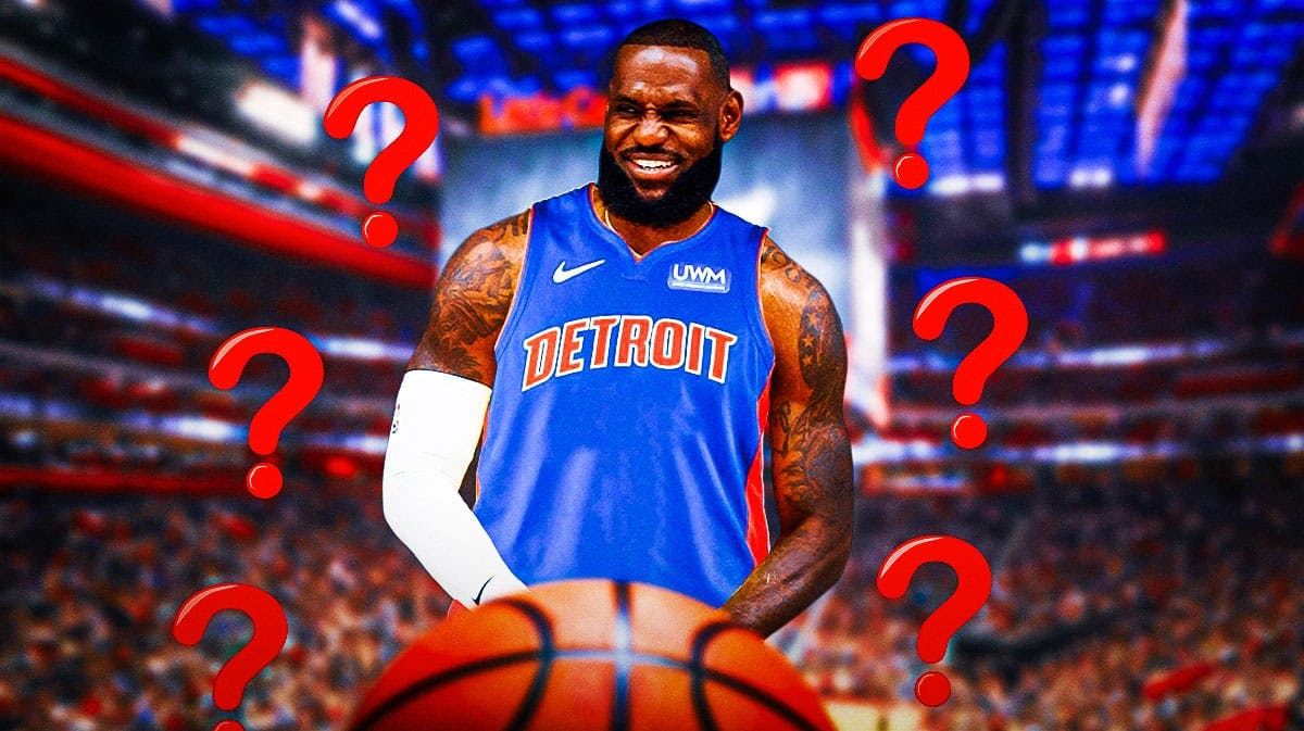 LeBron James in a Detroit Pistons uniform with a bunch of question marks in the background