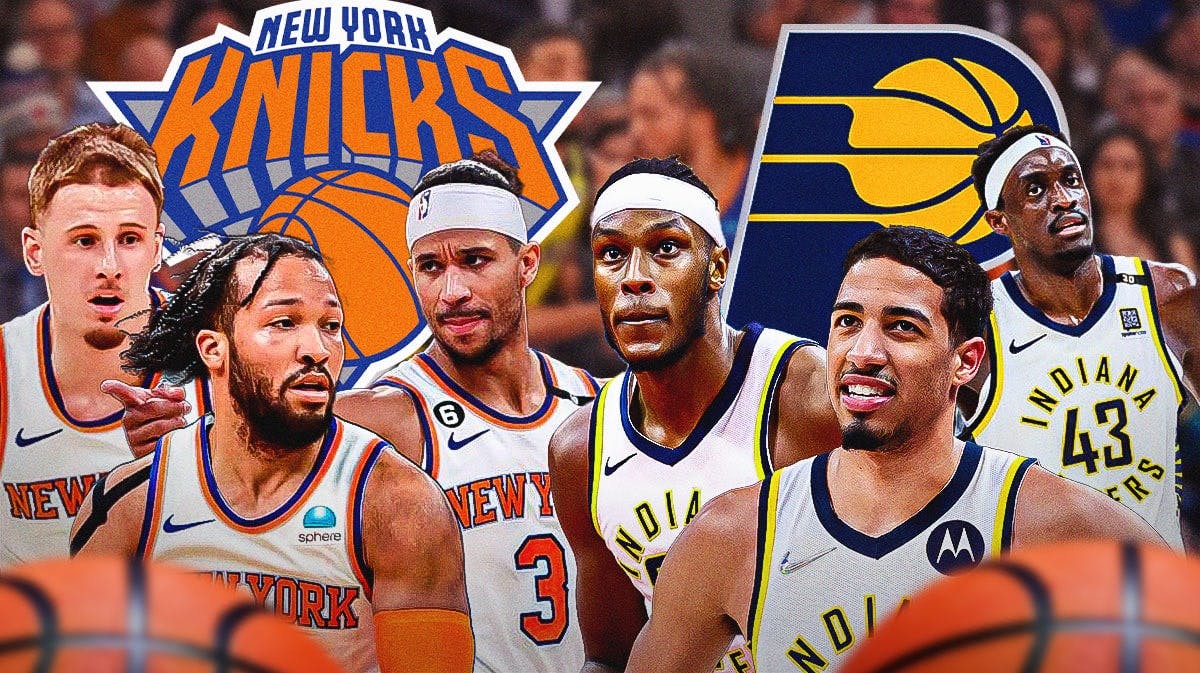 Jalen Brunson, Josh Hart, Donte DiVincenzo, Knicks logo on one side. On other side is Tyrese , Myles Turner, Pascal Siakam, Pacers logo.
