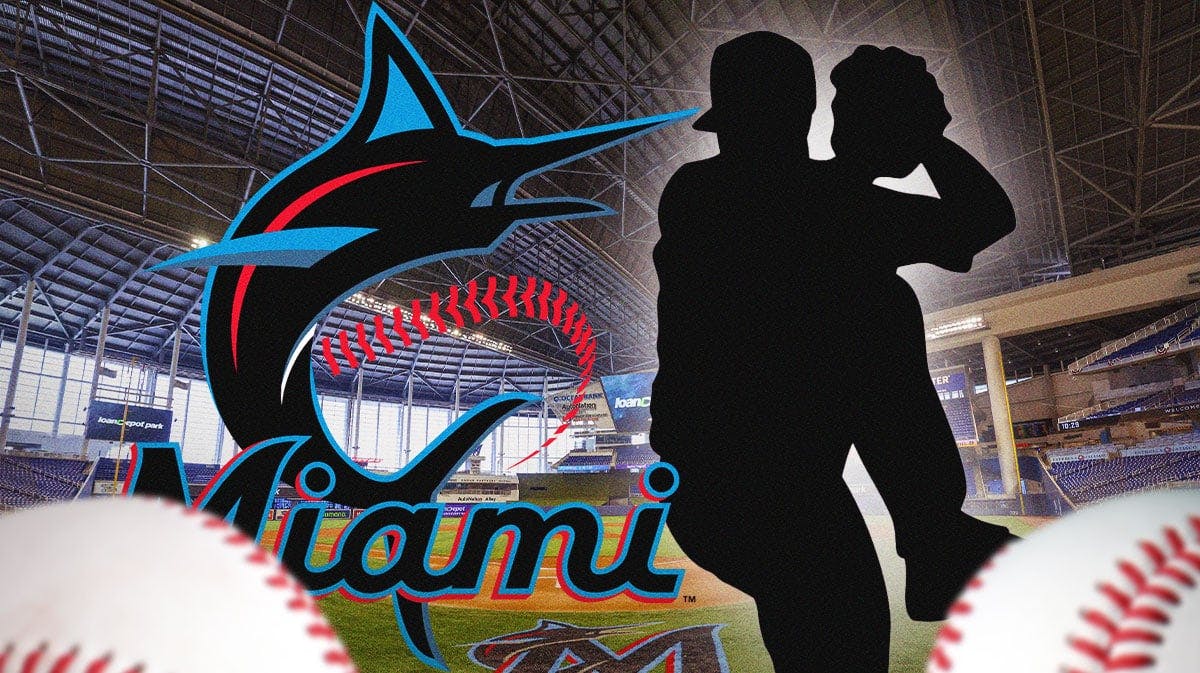 Marlins, a silhouette of a pitcher, LoanDepot Park in back
