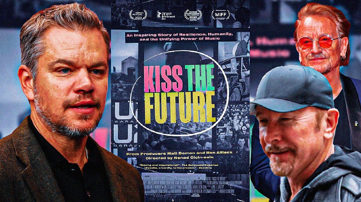 Matt Damon with U2 members Bono and The Edge and Kiss the Future poster.