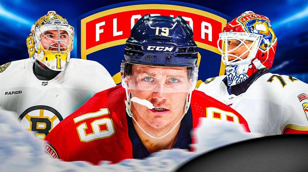 Matthew Tkachuk in middle of image looking stern, Jeremy Swayman and Sergei Bobrovsky on either side, FLA Panthers logo, hockey rink in background