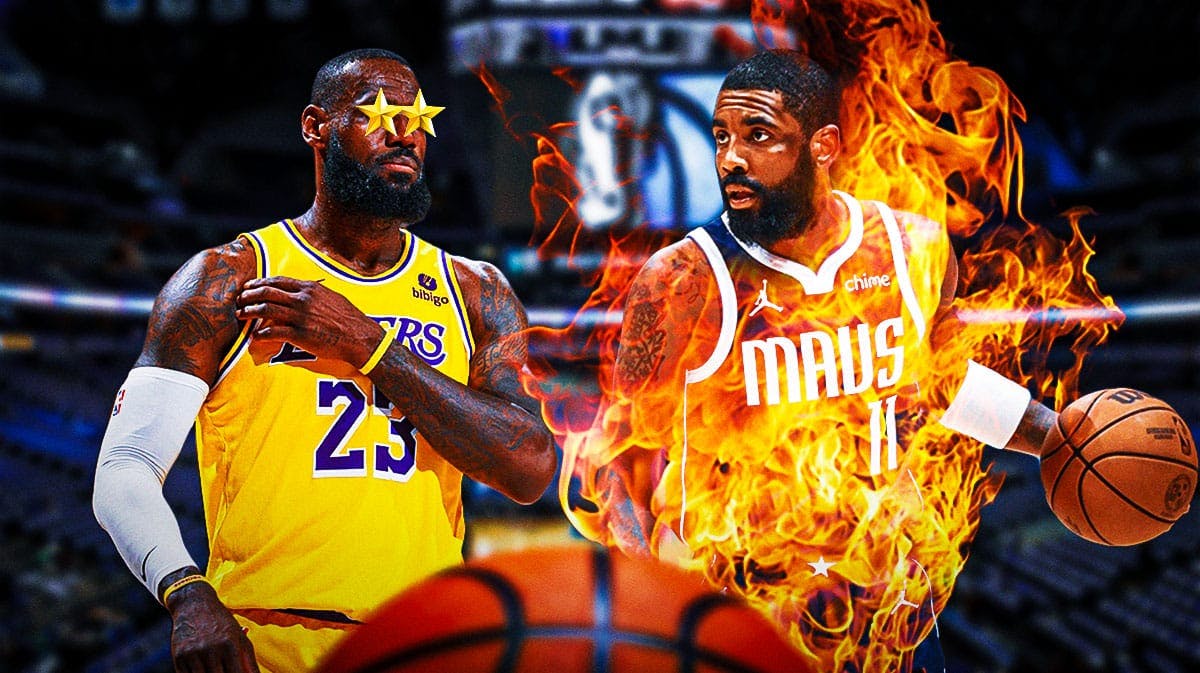LeBron James on one side with stars in his eyes, Kyrie Irving on the other side on fire