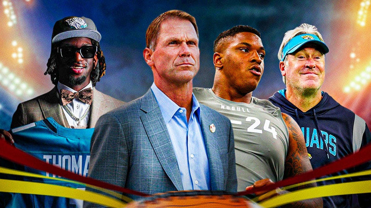 Trent Baalke in the middle, Brian Thomas, Maason Smith, Coach Doug Pederson around him, Jacksonville Jaguars wallpaper in the background