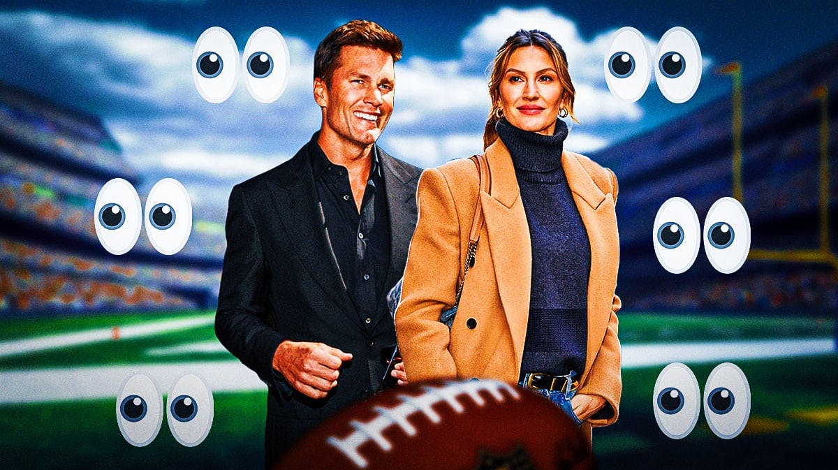 Tom Brady and Gisele Bundchen with a bunch of the big eyes emojis in the background