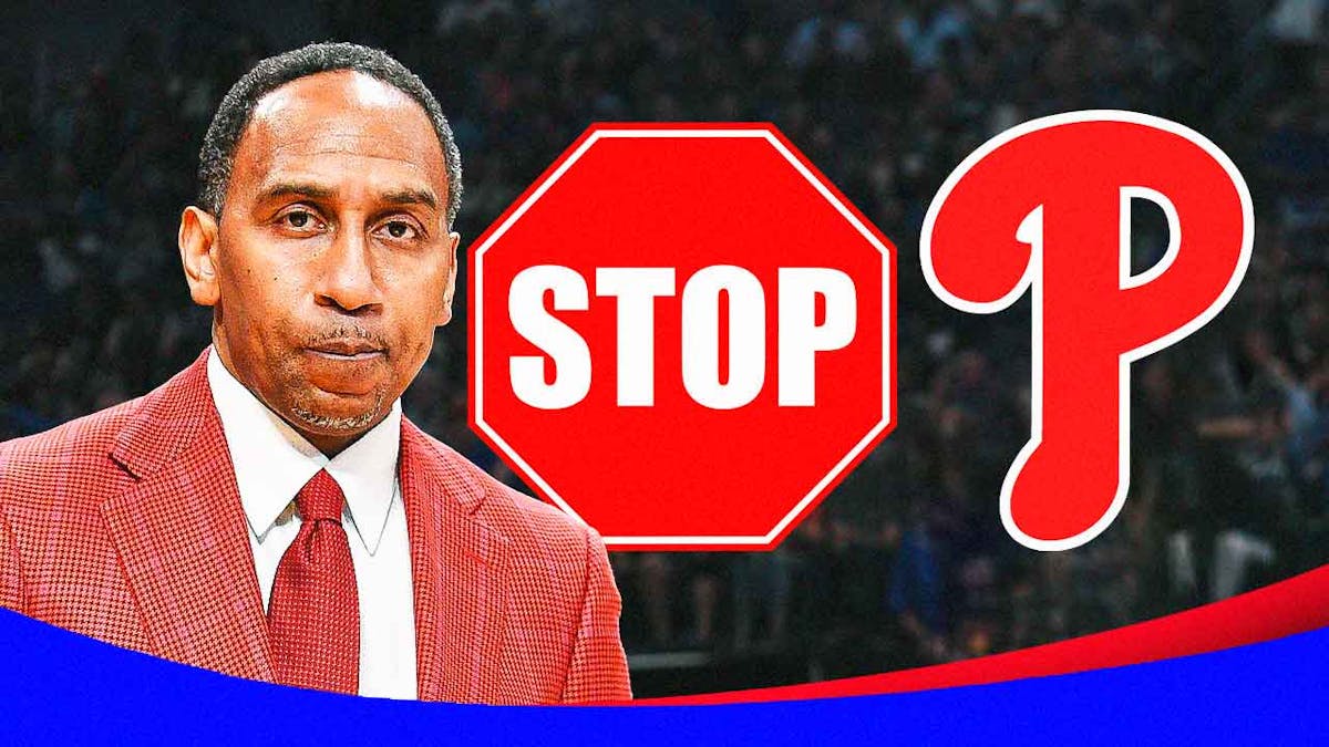 Stephen A. Smith on left. Phillies' logo on right. Stop sign in middle.