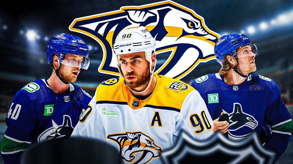 Ryan O'Reilly in middle looking stern, Elias Pettersson and Brock Boeser on either side looking happy, Nashville Predators logo, hockey rink in background