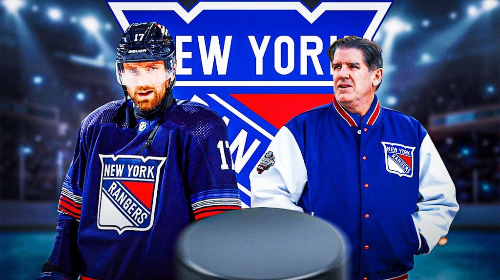 Blake Wheeler in image looking hopeful, Peter Laviolette in image looking hopeful, New York Rangers logo, hockey rink in background
