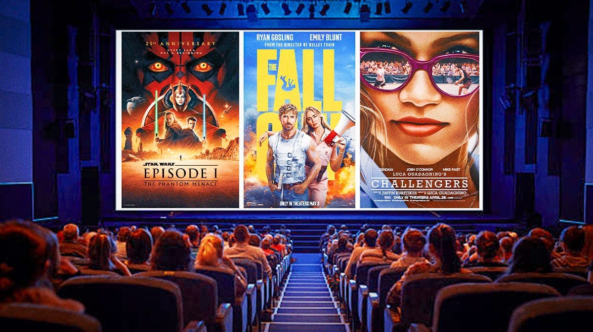 Posters for The Fall Guy, Phantom Menace 25th anniversary, Challengers in a theater
