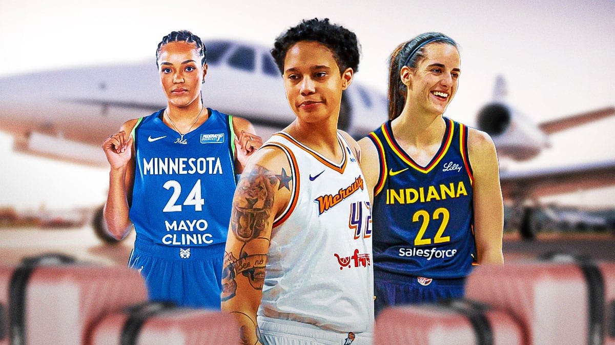 Phoenix Mercury player Brittney Griner, Indiana Fever player Caitlin Clark, Minnesota Lynx player Napheesa Collier, with a charter plane/private plane in the background