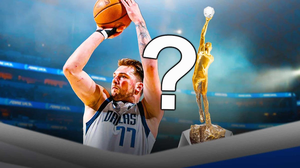 Mavericks' Luka Doncic on left shooting a basketball. Need the Michael Jordan NBA MVP trophy on right. Place a question mark in middle.