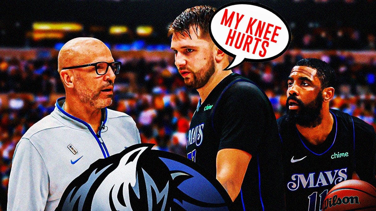 Mavericks' Luka Doncic saying "My knee hurts!" next to Jason Kidd and Kyrie Irving