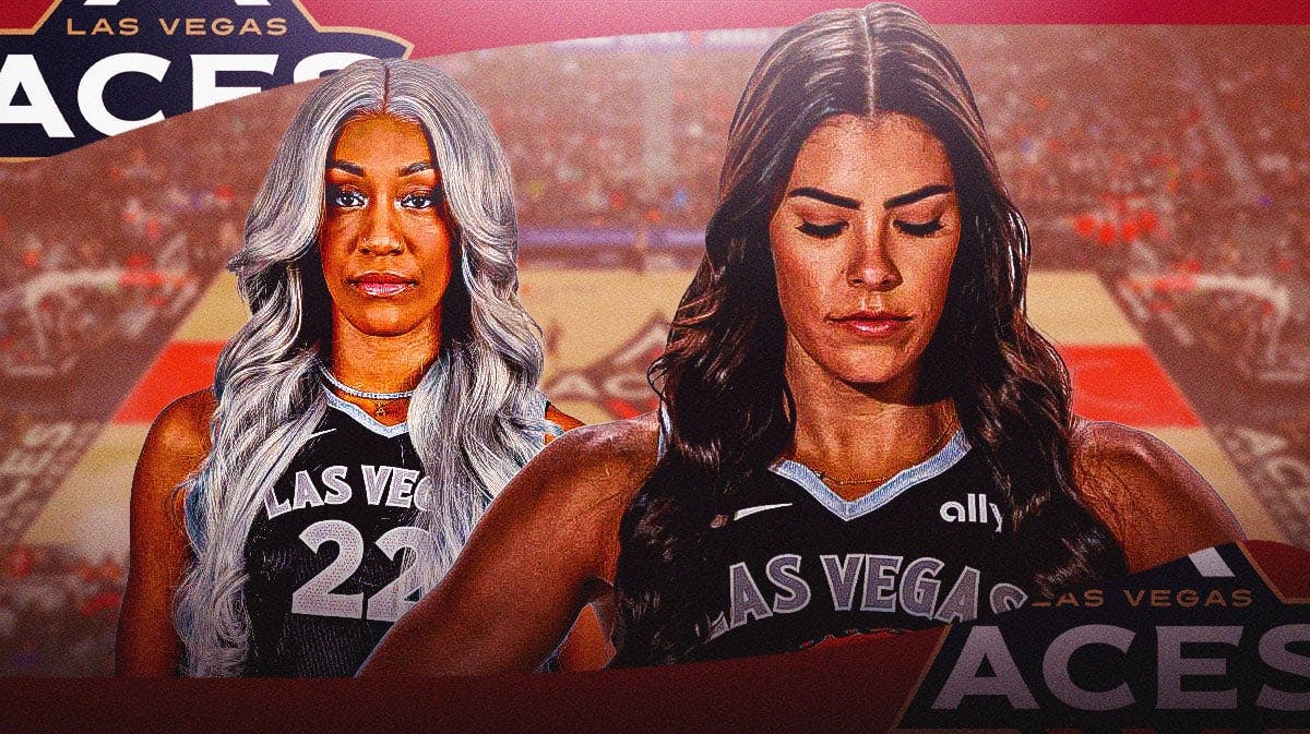 Aces' Kelsey Plum and Aces' A'ja Wilson in front both looking serious. In background, place the Las Vegas Aces' logo.