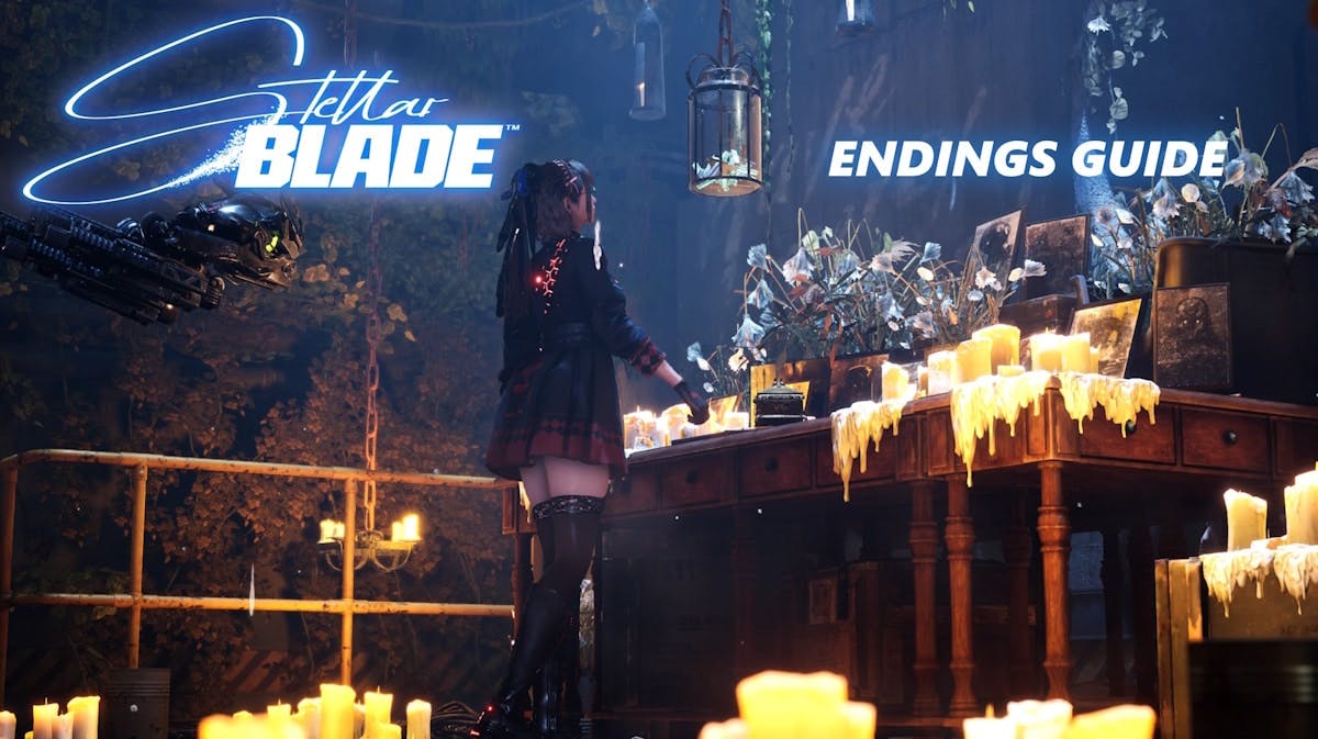 stellar blade endings, stellar blade endings guide, stellar blade guide, stellar blade, an ingame screenshot of eve with the stellar blade logo on one corner and the words endings guide in the other corner