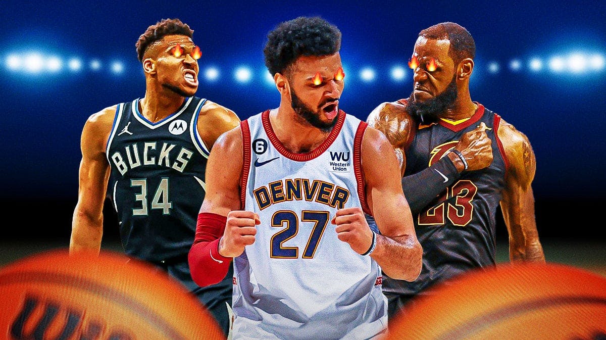 Jamal Murray flexing with Giannis Antetokounpo and LeBron James with fire in their eyes.