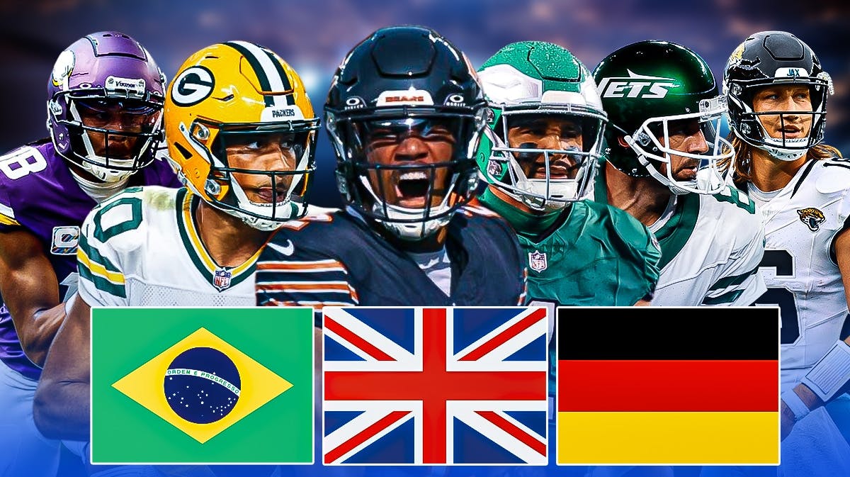 DJ Moore, Jordan Love, Aaron Rodgers, Justin Jefferson, Trevor Lawrence and Jalen Hurts with the flags of Brazil, England and Germany