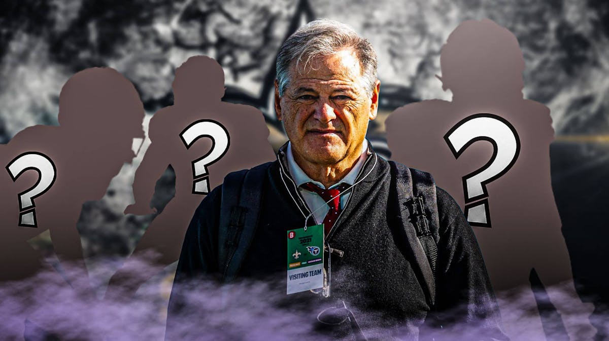 Mickey Loomis in the middle, 3 mystery players around him, New Orleans Saints wallpaper in the background