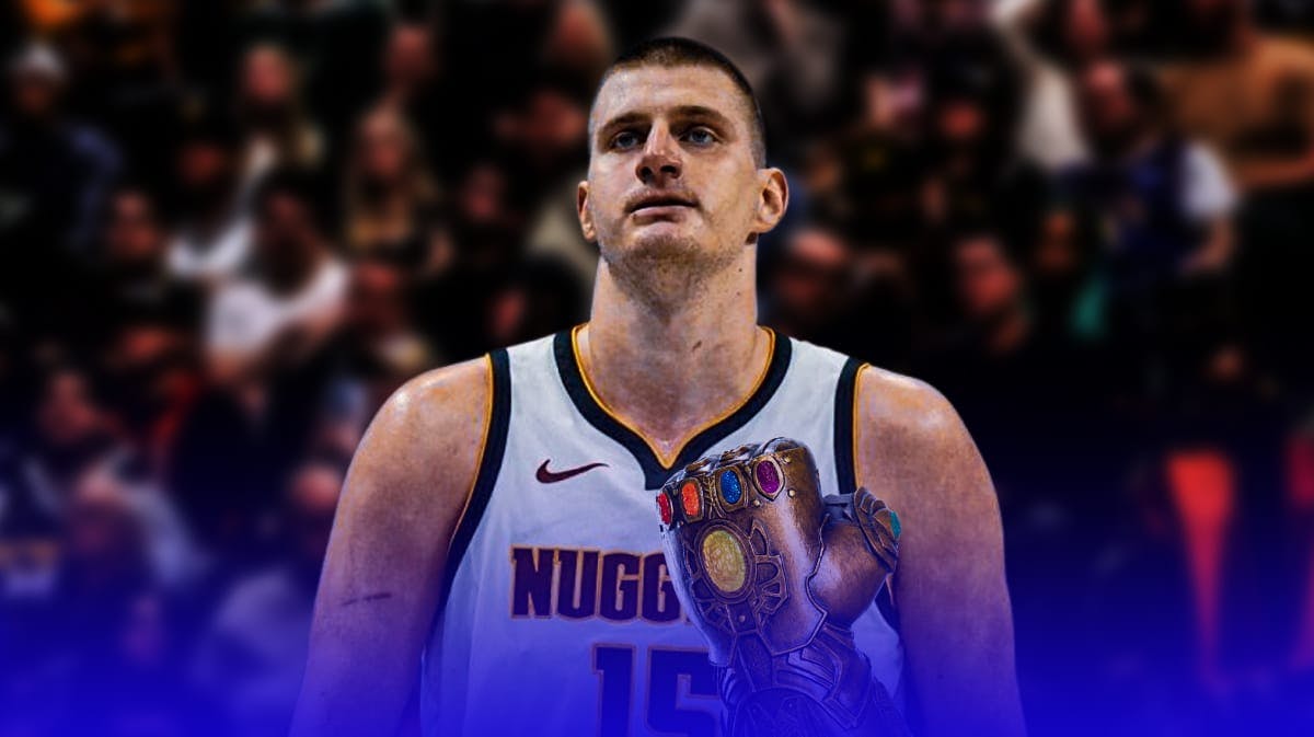 Nuggets' Nikola Jokic as Thanos wearing the infinity gauntlet with complete stones