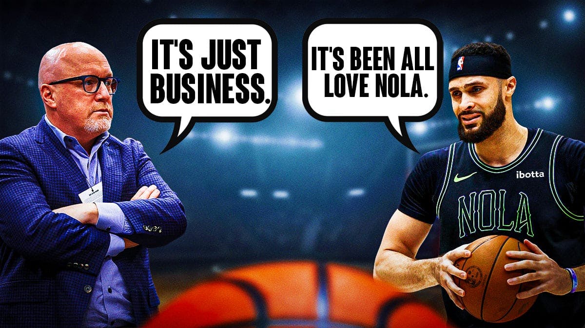 Pelicans Larry Nance saying , "Its been all love NOLA" and David Griffin responding, "It's just business"